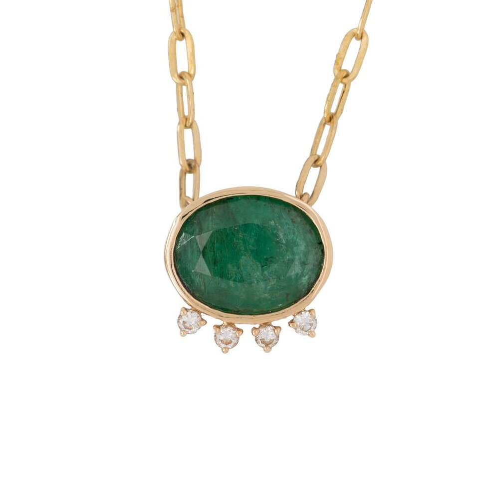 4.93cts Zambian Emerald Necklace in Solid 14K Gold with Diamond Accents